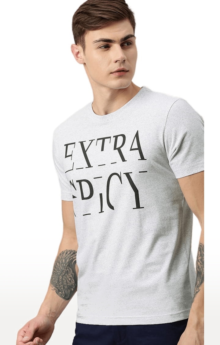 Men's White Melange Cotton Blend Typographic Printed T-Shirt