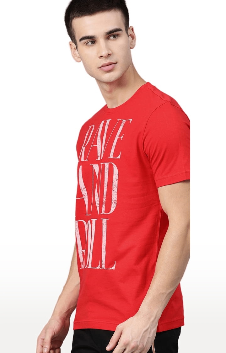 Men's Red Cotton Typographic Printed T-Shirt
