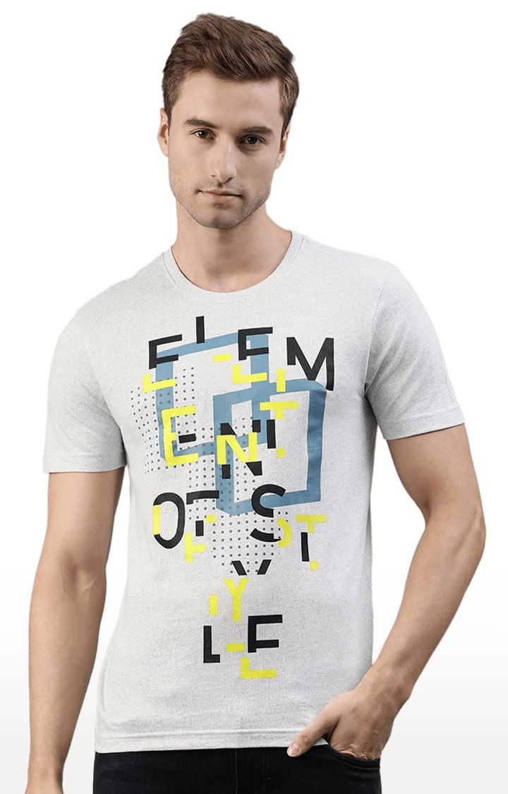 Men's White Melange Cotton Blend Typographic Printed T-Shirt