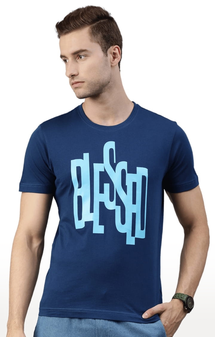 Men's Navy Cotton Blend Typographic Printed T-Shirt