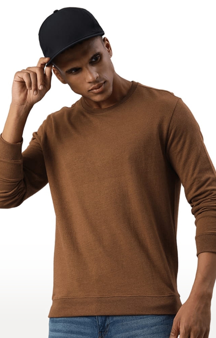 HUETRAP | Men's Brown Cotton Blend Solid Sweatshirt