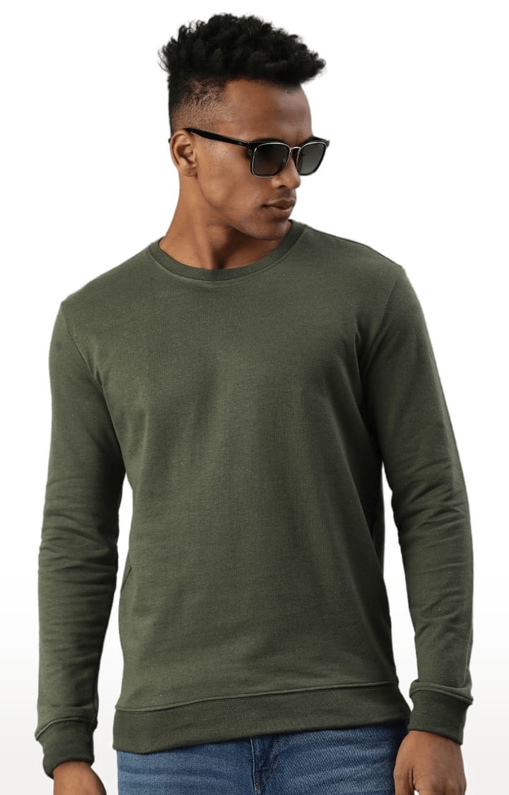 HUETRAP | Men's Green Cotton Blend Solid Sweatshirt