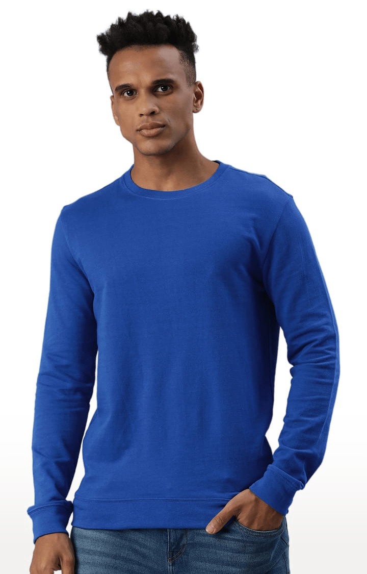 Men's Blue Cotton Blend Solid Sweatshirt