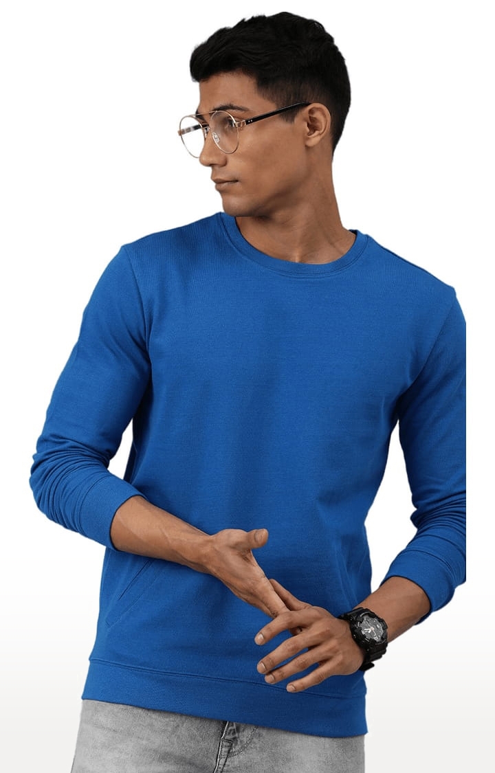 HUETRAP | Men's Blue Cotton Solid Sweatshirt