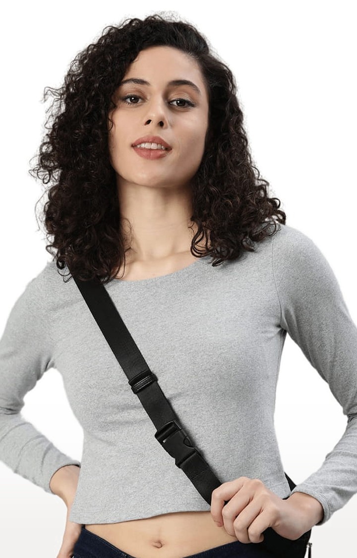 Women's Grey Solid Slim Fit Round Neck Crop Top