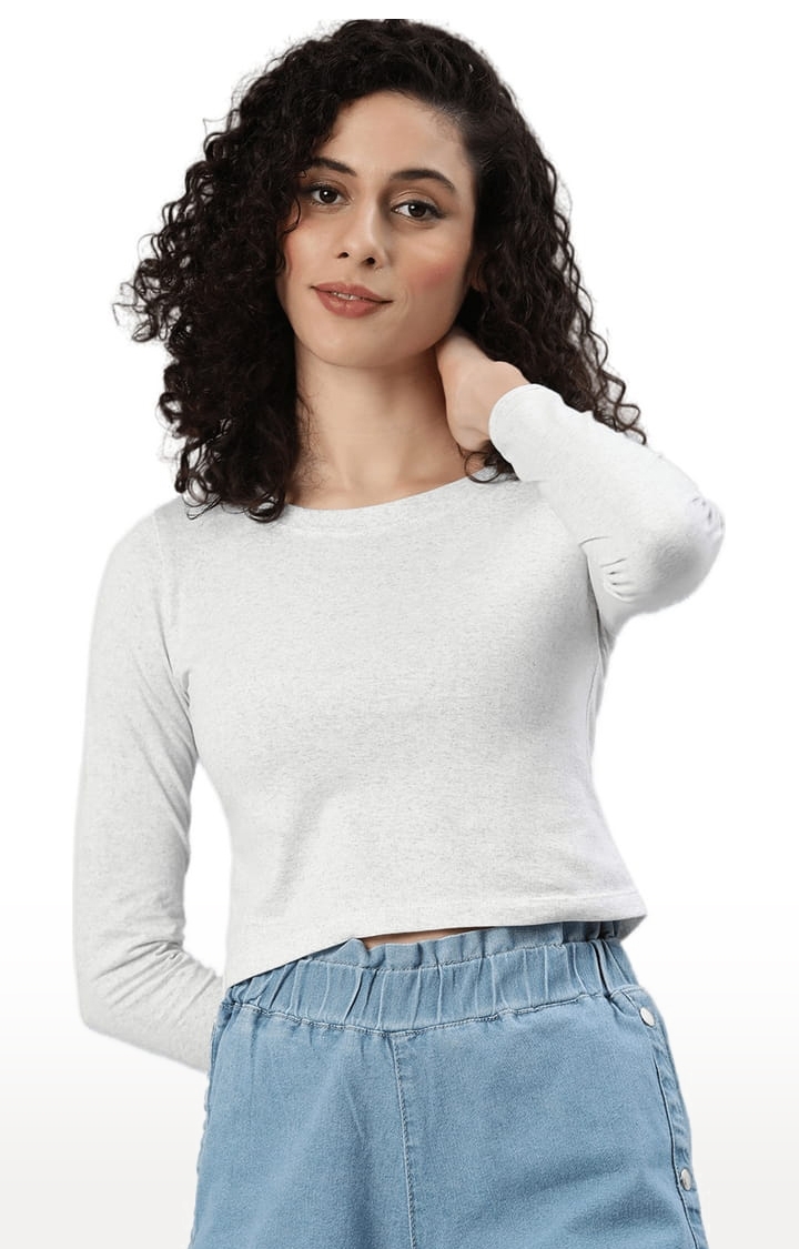Women's White Solid Slim Fit Round Neck Crop Top