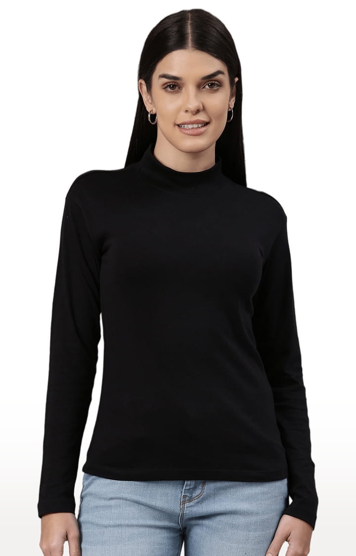 Women's Black Solid Slim Fit Turtle Neck T-Shirts