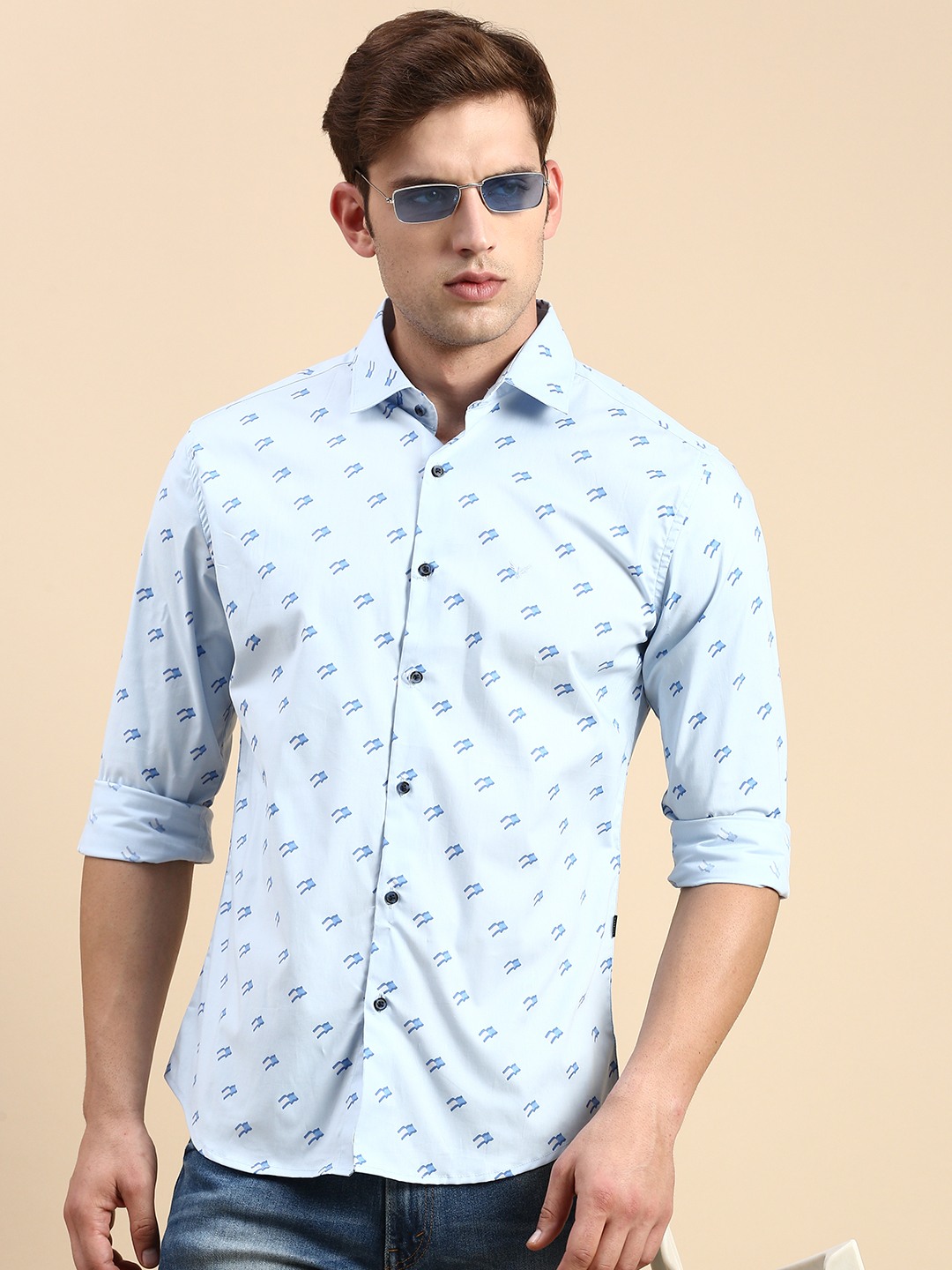 SHOWOFF Men's Spread Collar Blue Slim Fit Printed Shirt
