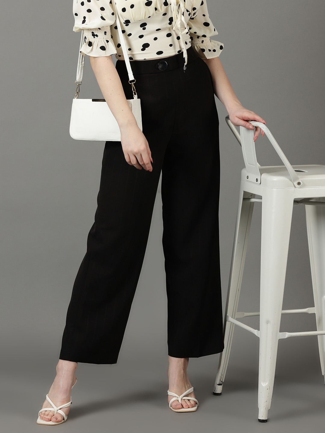 SHOWOFF Women's Striped Loose Fit Black Parallel Trouser