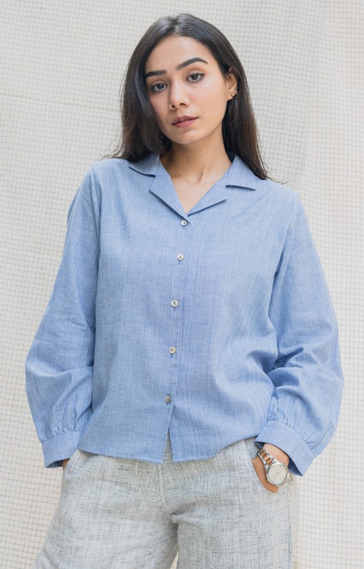 Women's Blue Cotton Solid Casual Shirt