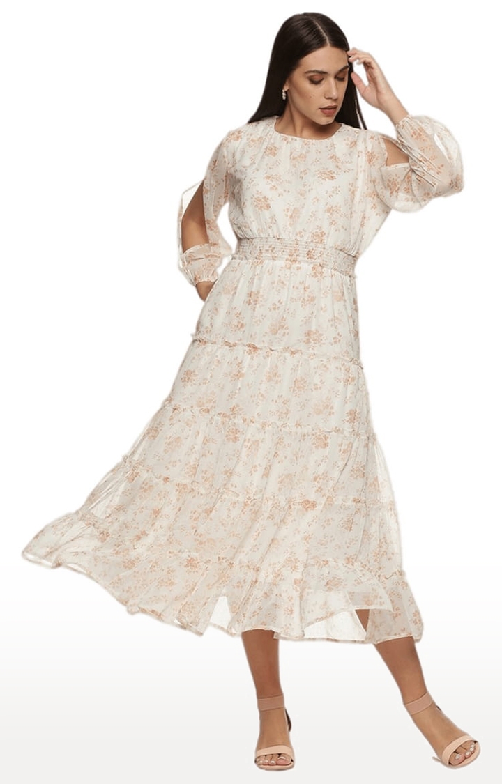 ISU | Women's White Chiffon Floral Tiered Dress