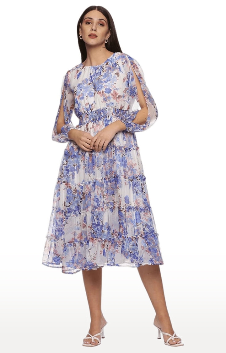 ISU | Women's White & Blue Chiffon Floral Tiered Dress