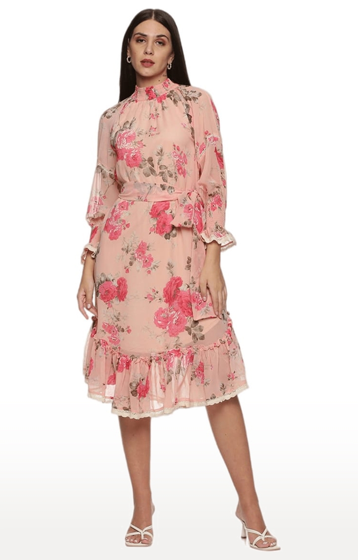 ISU | Women's Peach Chiffon Floral Tiered Dress