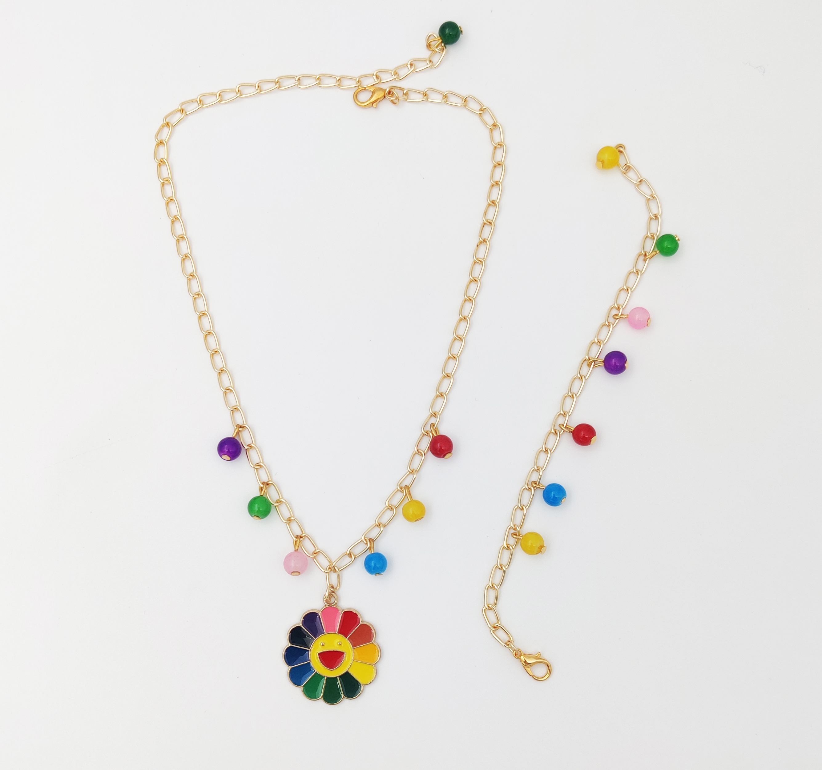Smiley Flower Enameled Charm Necklace & Beaded Bracelet Set, Red, Yellow, Blue, Green