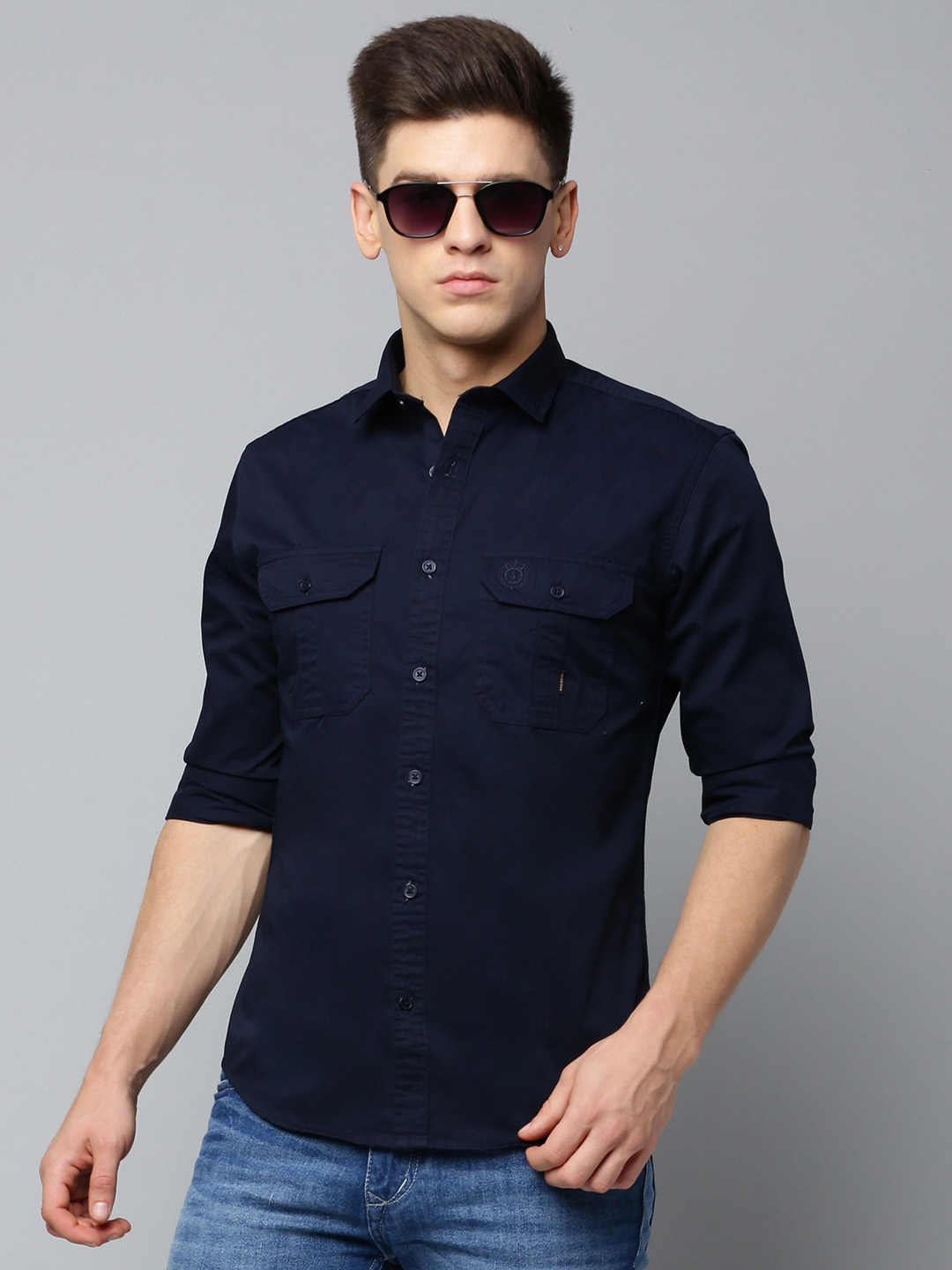 SHOWOFF Men's Spread Collar Solid Navy Blue Regular Fit Shirt