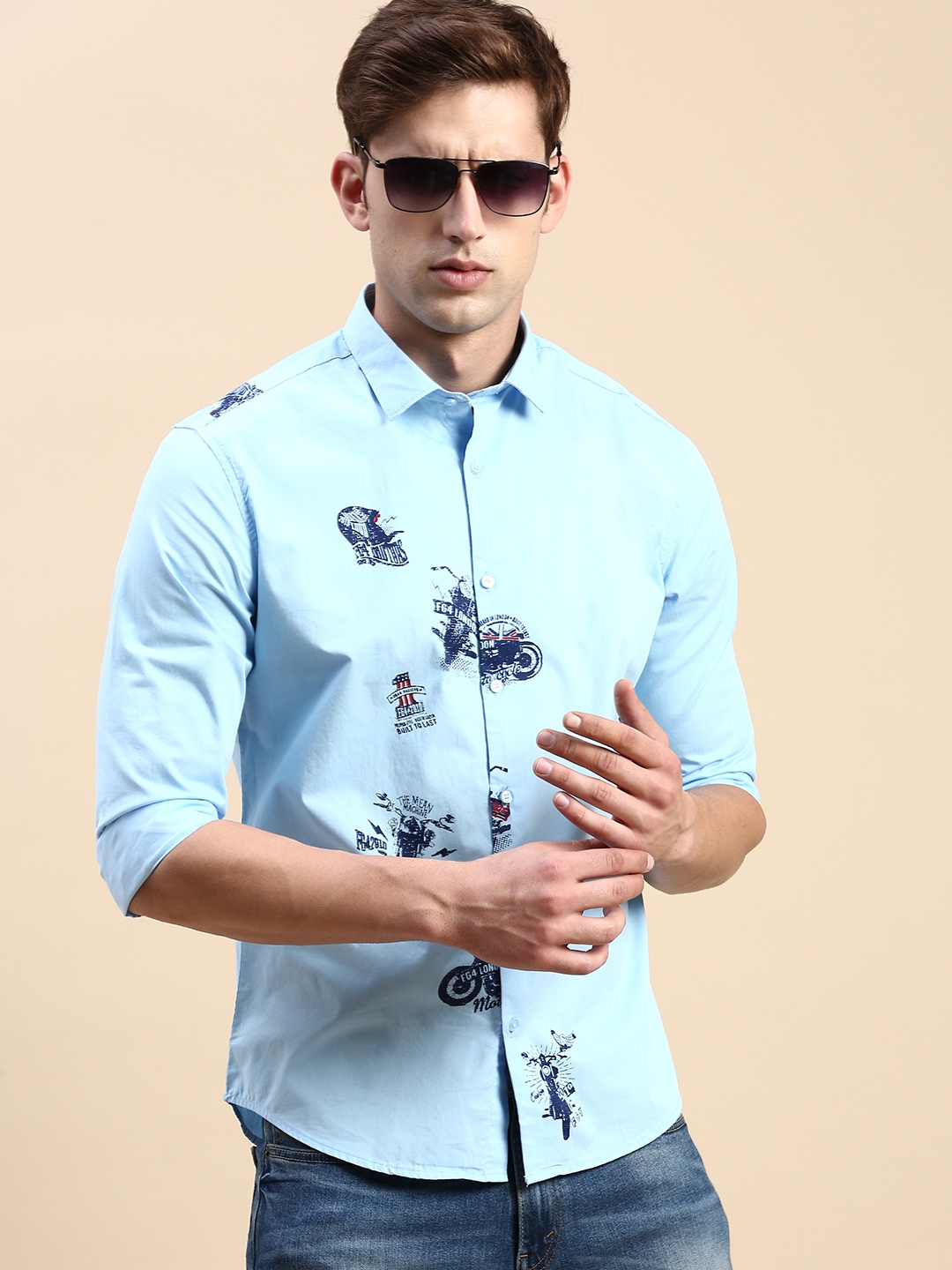 SHOWOFF Men's Spread Collar Turquoise Blue Slim Fit Printed Shirt