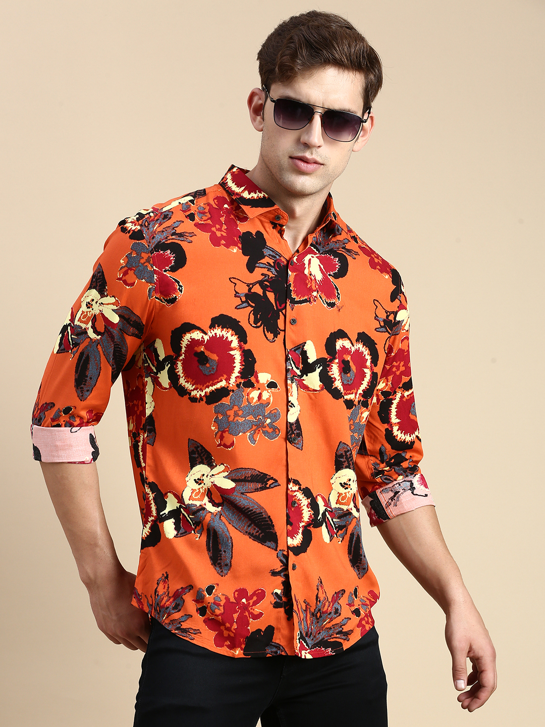 SHOWOFF Men's Spread Collar Rust Slim Fit Printed Shirt