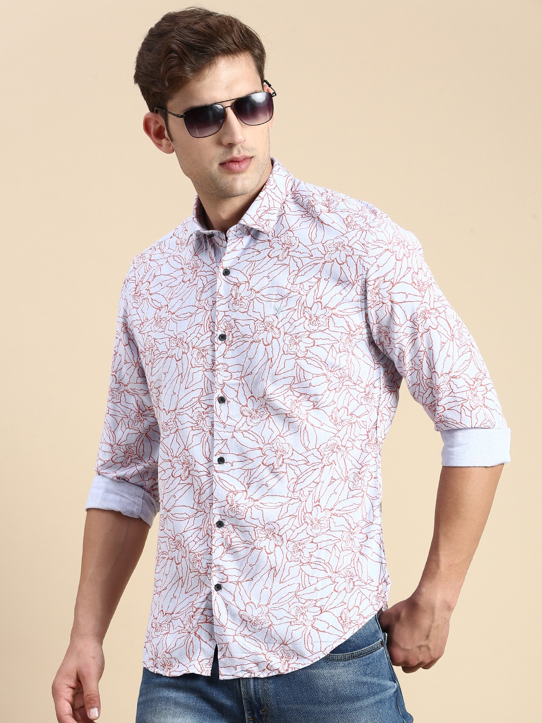 SHOWOFF Men's Spread Collar Grey Slim Fit Printed Shirt