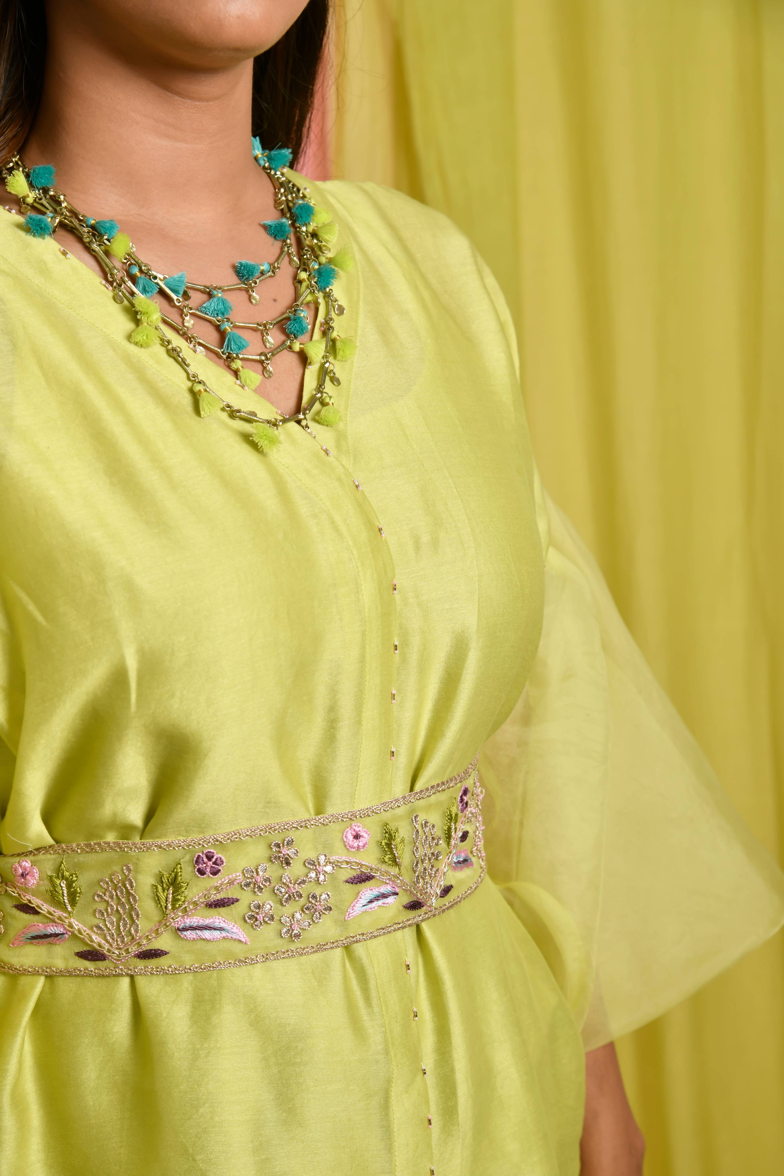 Lime Green Co-Ordinate Set With Organza Sleeve