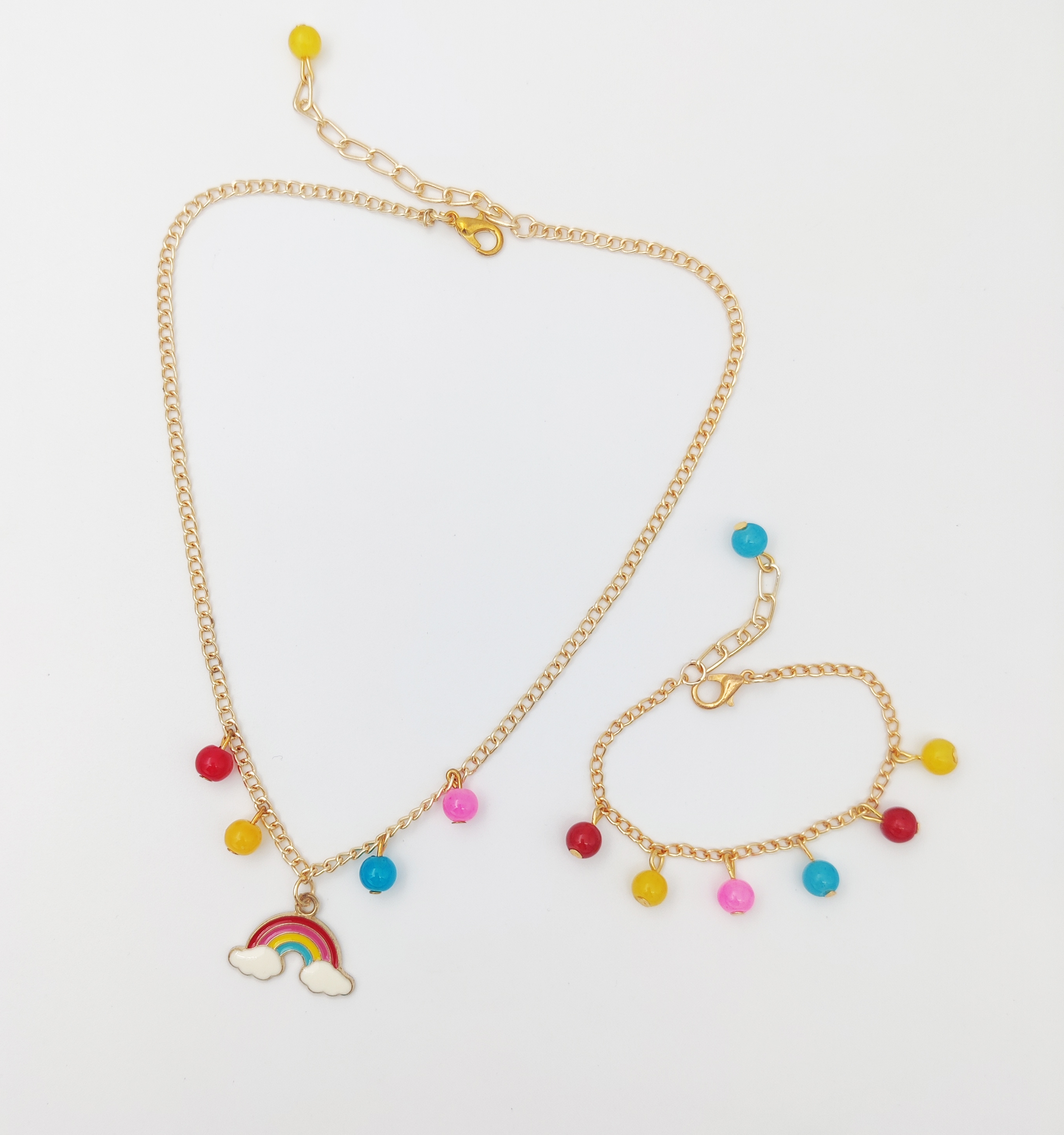 Rainbow Enameled Charm Necklace & Beaded Bracelet Set Red, Yellow, Blue, Pink
