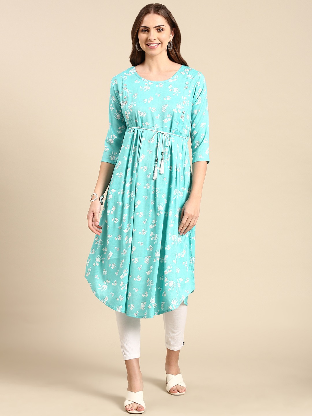SHOWOFF Women's Mid Length Floral Anarkali Turquoise Blue Kurta
