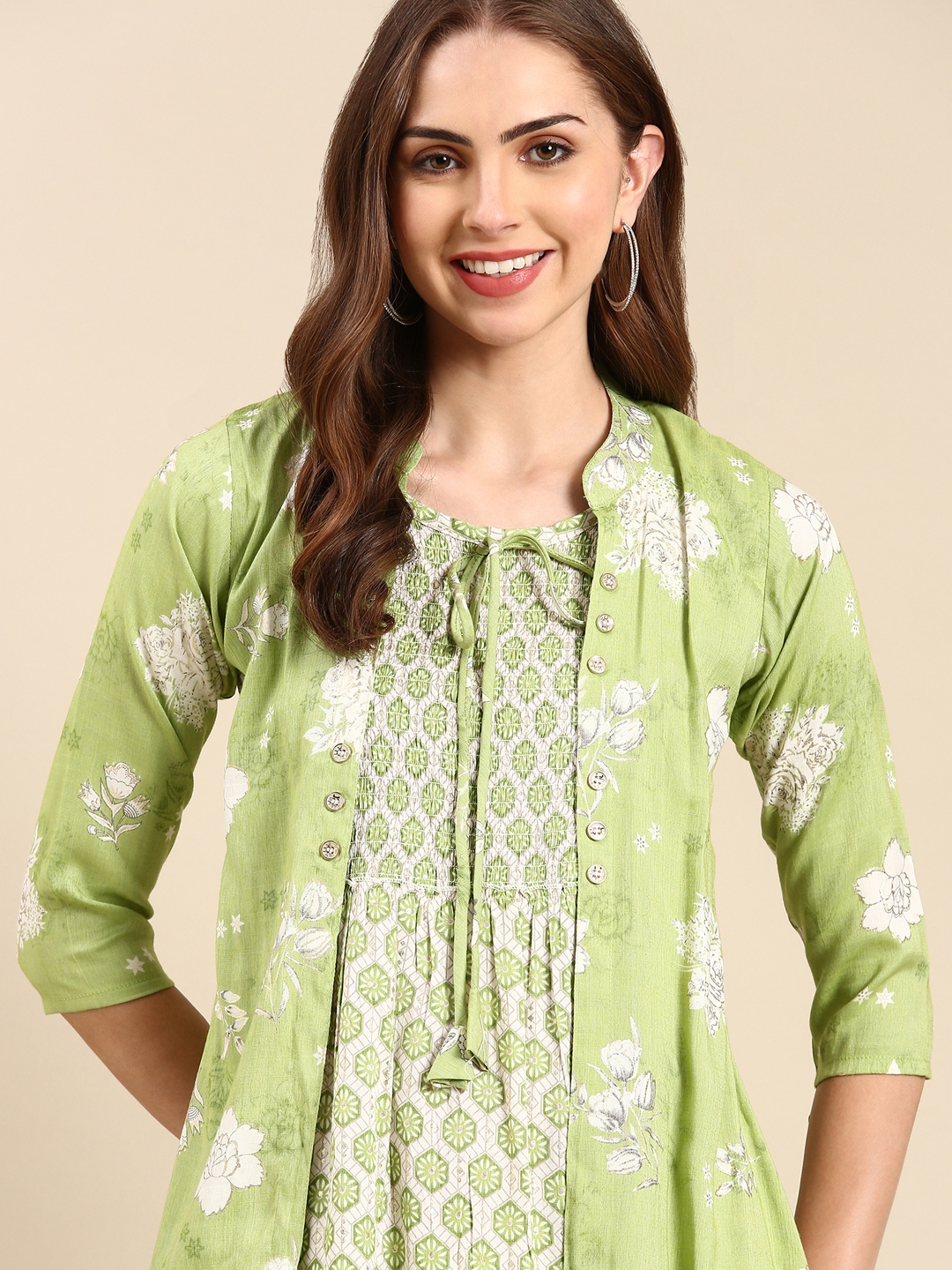 SHOWOFF Women's Mandarin Collar Ethnic Motifs Green Anarkali Kurta