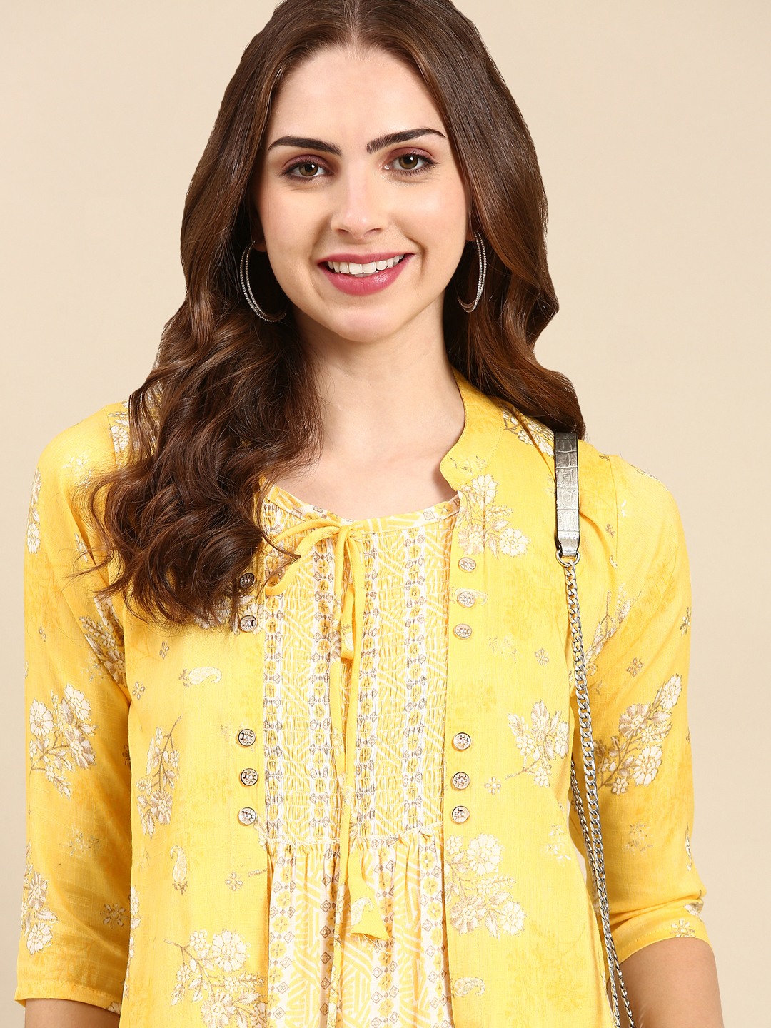 Showoff | SHOWOFF Women's Mandarin Collar Ethnic Motifs Yellow Anarkali Kurta