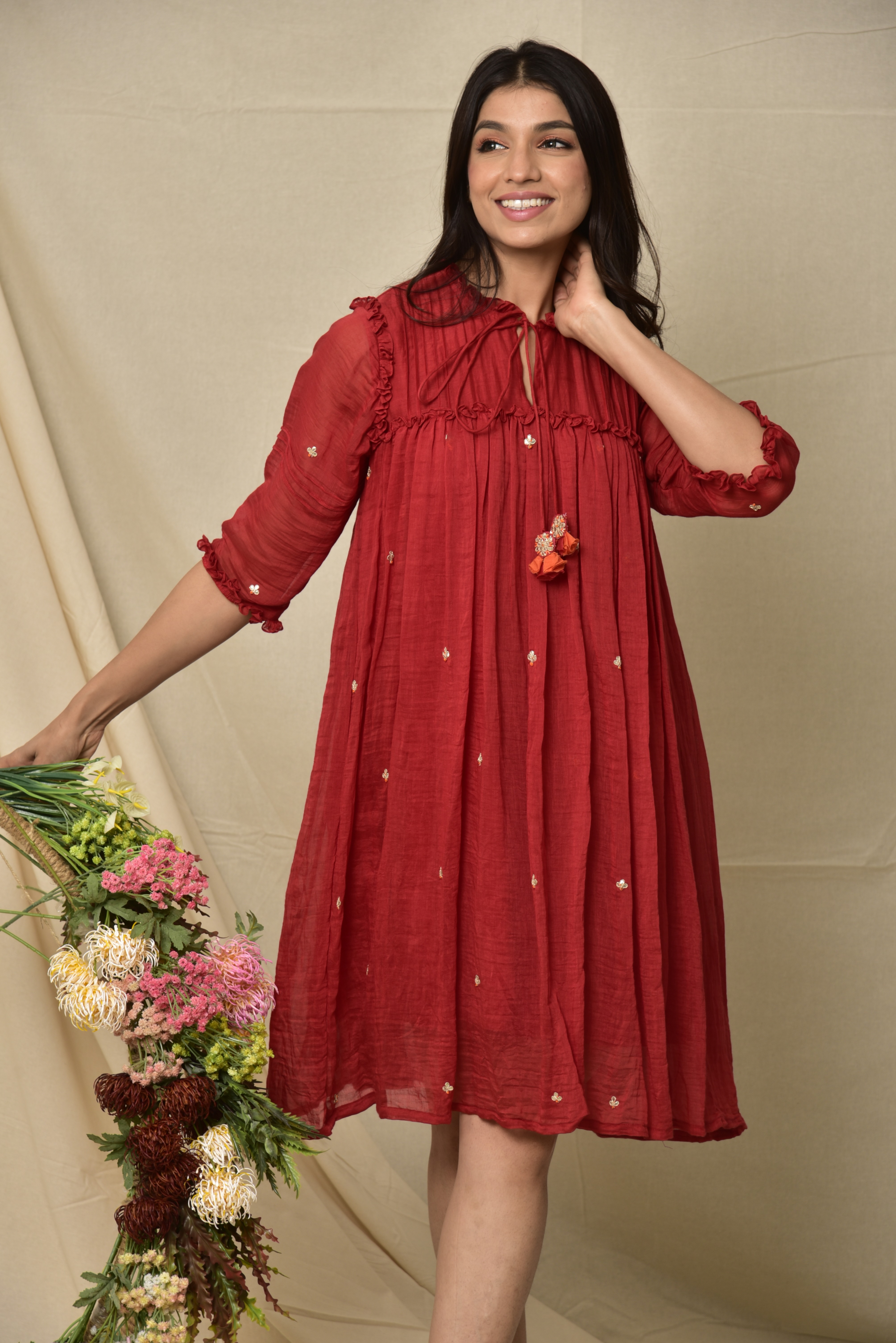 Red Chanderi Short Dress With Gota Patti Work