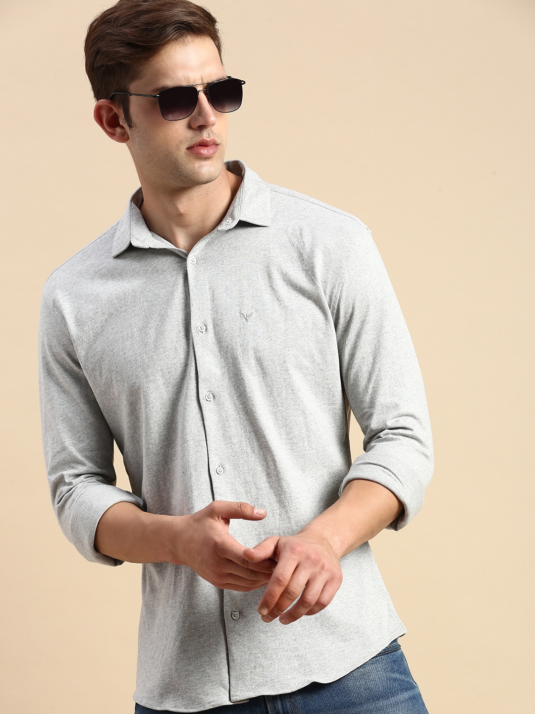 SHOWOFF Men's Spread Collar Solid Grey Melange Slim Fit Shirt