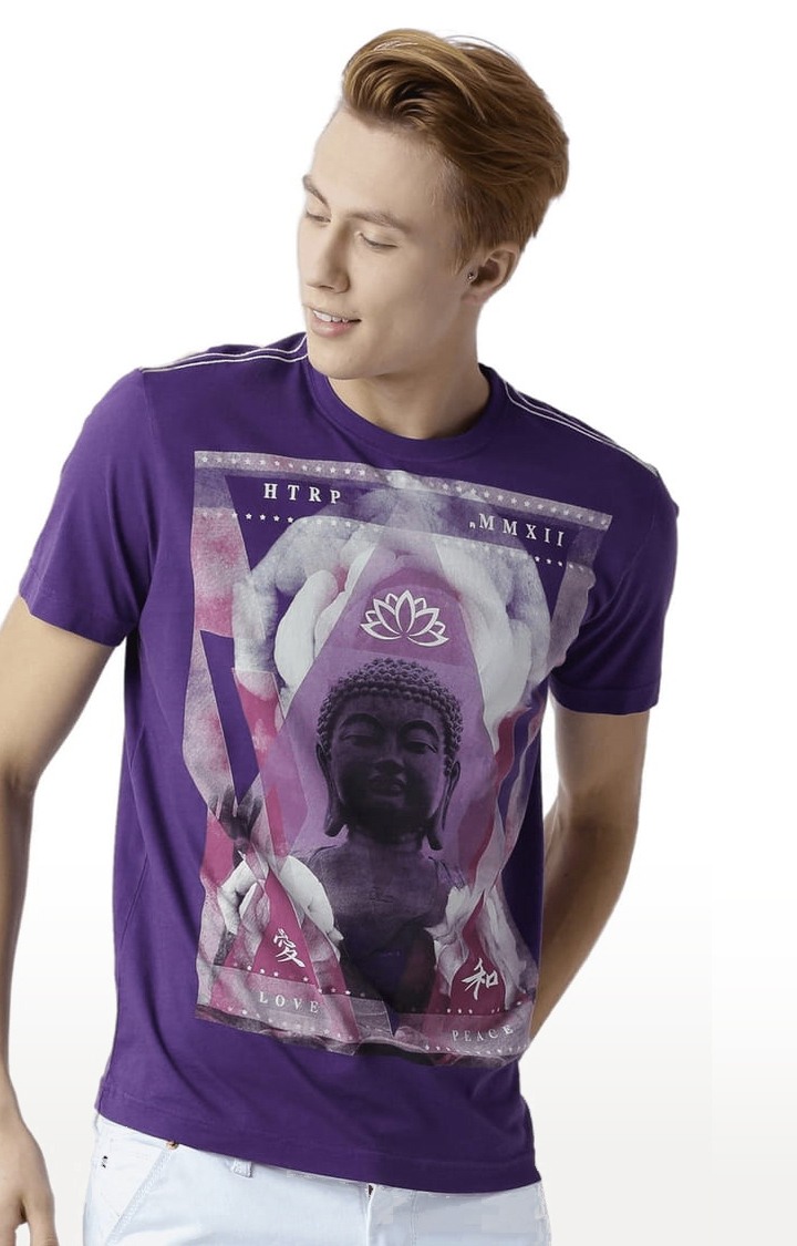 Men's Purple Cotton Printed Regular T-Shirt