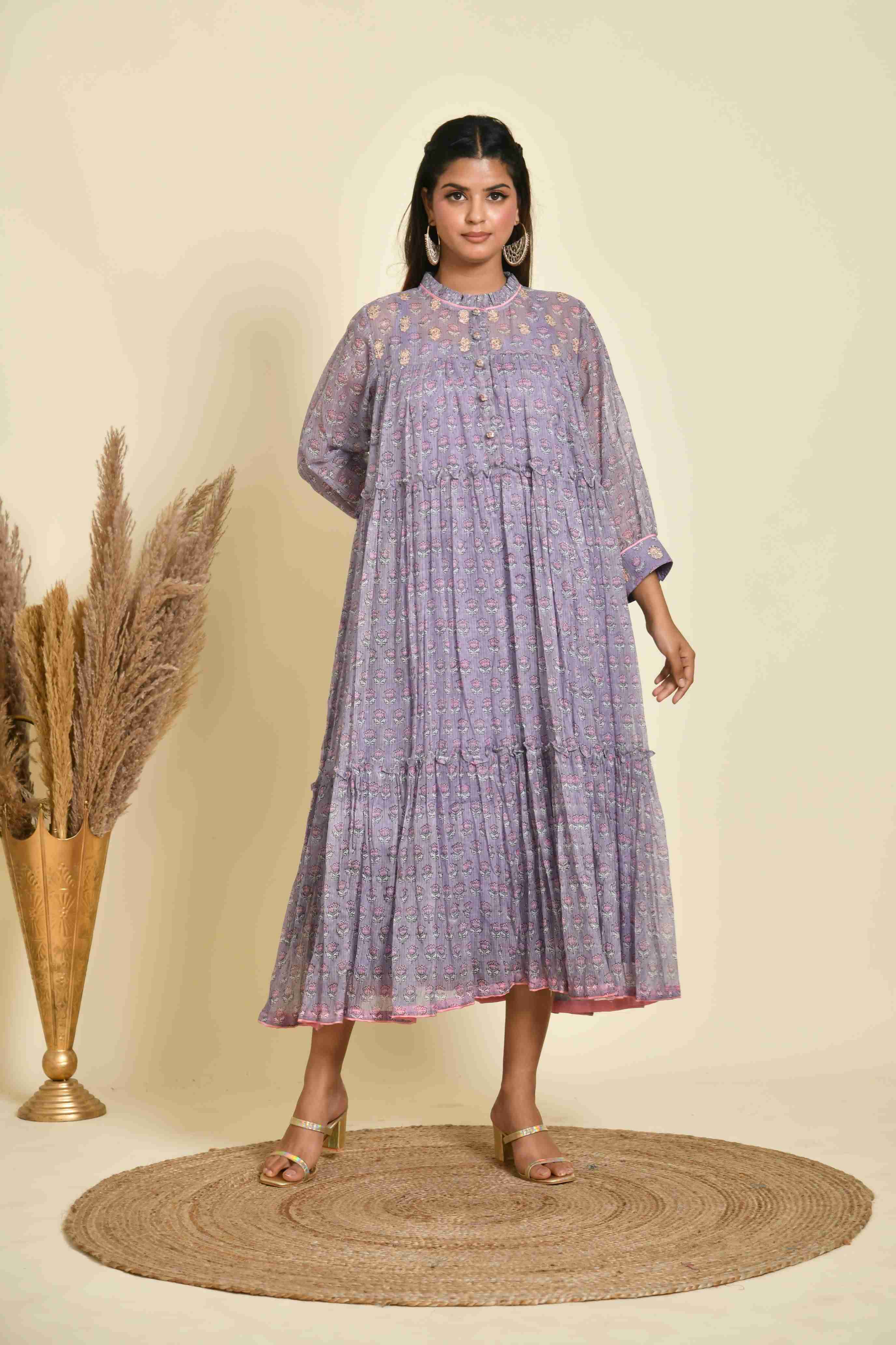Purple Block Printed Kota Doriya Tiered Dress