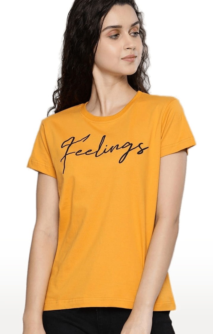 Women's Yellow Cotton Typographic Printed  T-Shirts