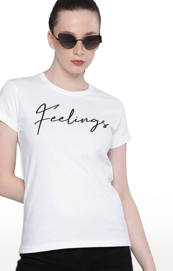 Women's White Cotton Typographic Printed Regular T-Shirt