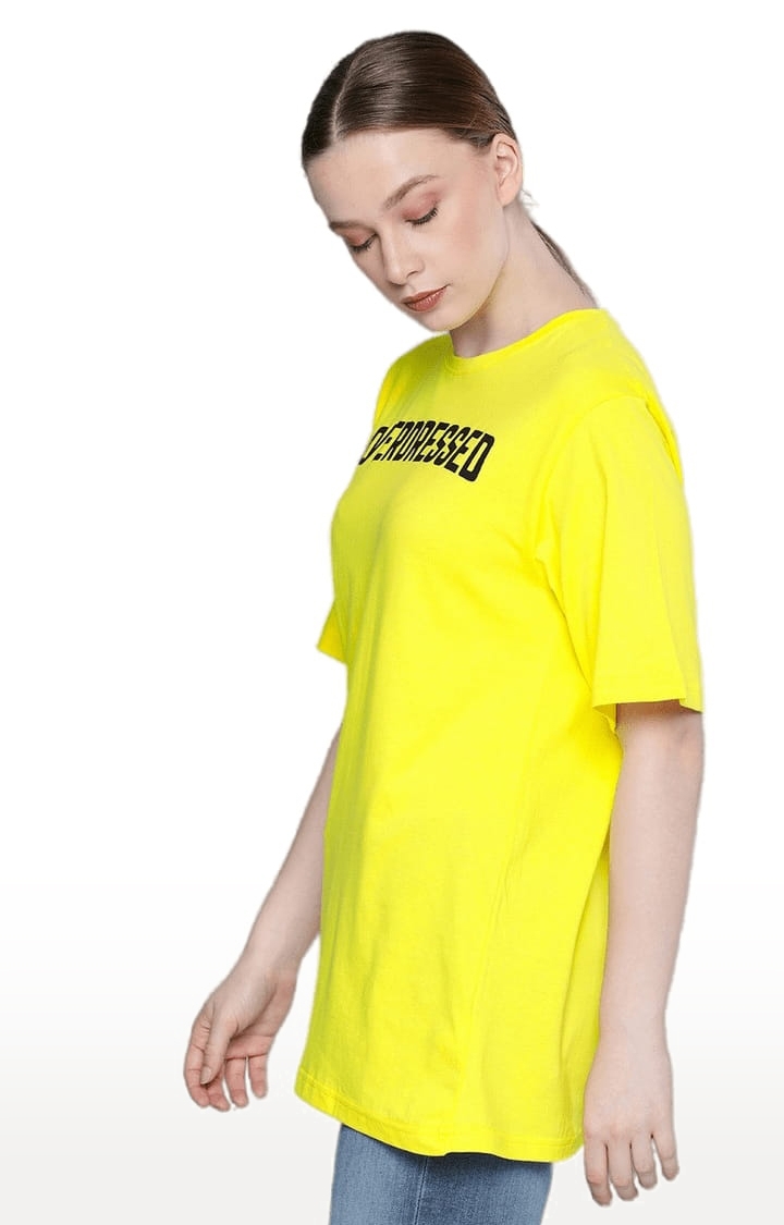 Women's Yellow Cotton Typographic Printed Oversized T-Shirt