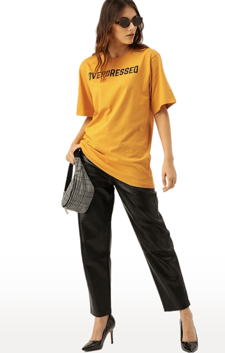 Women's Yellow Cotton Typographic Printed Oversized T-Shirt