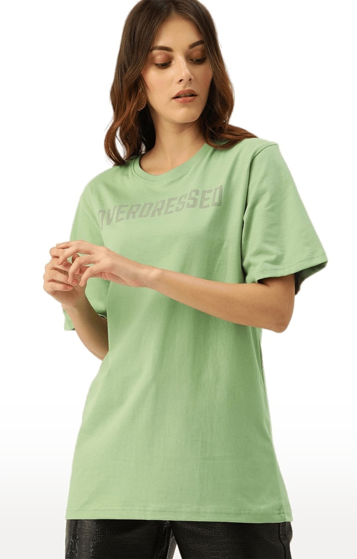 Women's Green Cotton Typographic Printed  T-Shirts