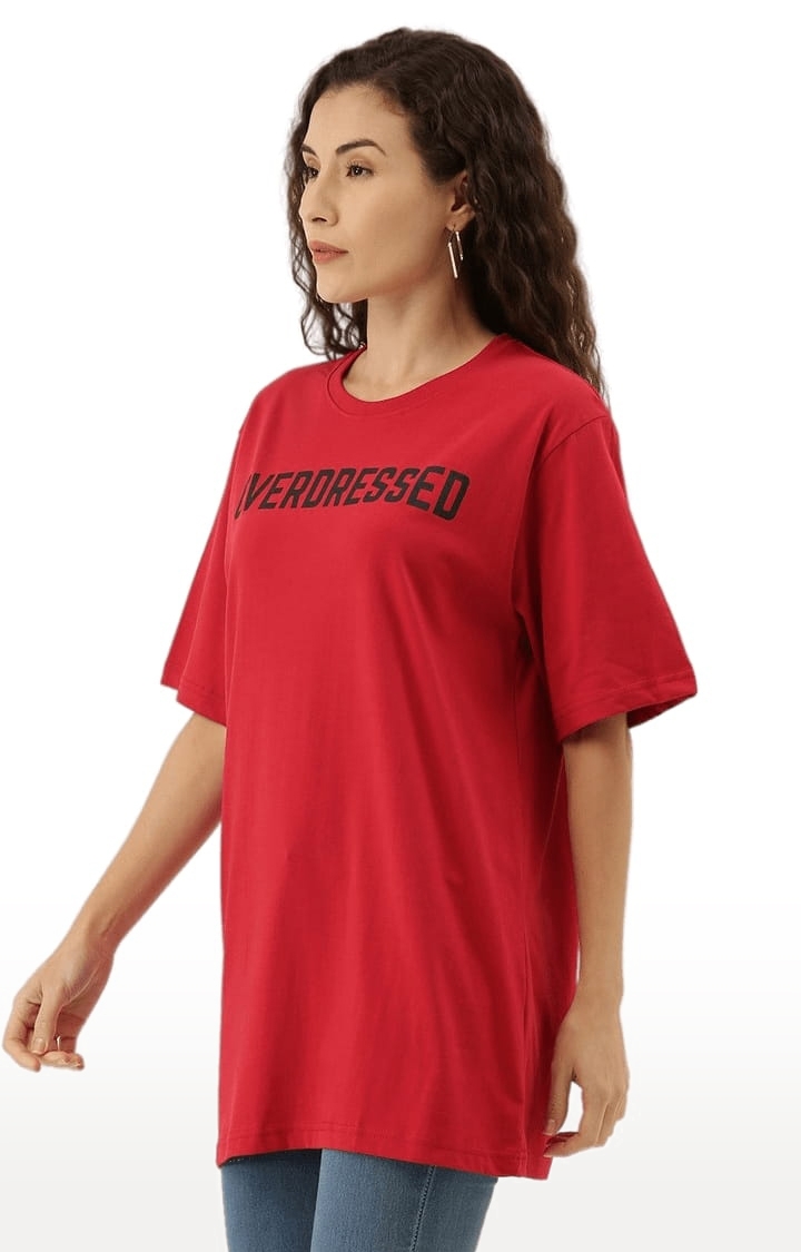 Women's Red Cotton Typographic Printed Oversized T-Shirt