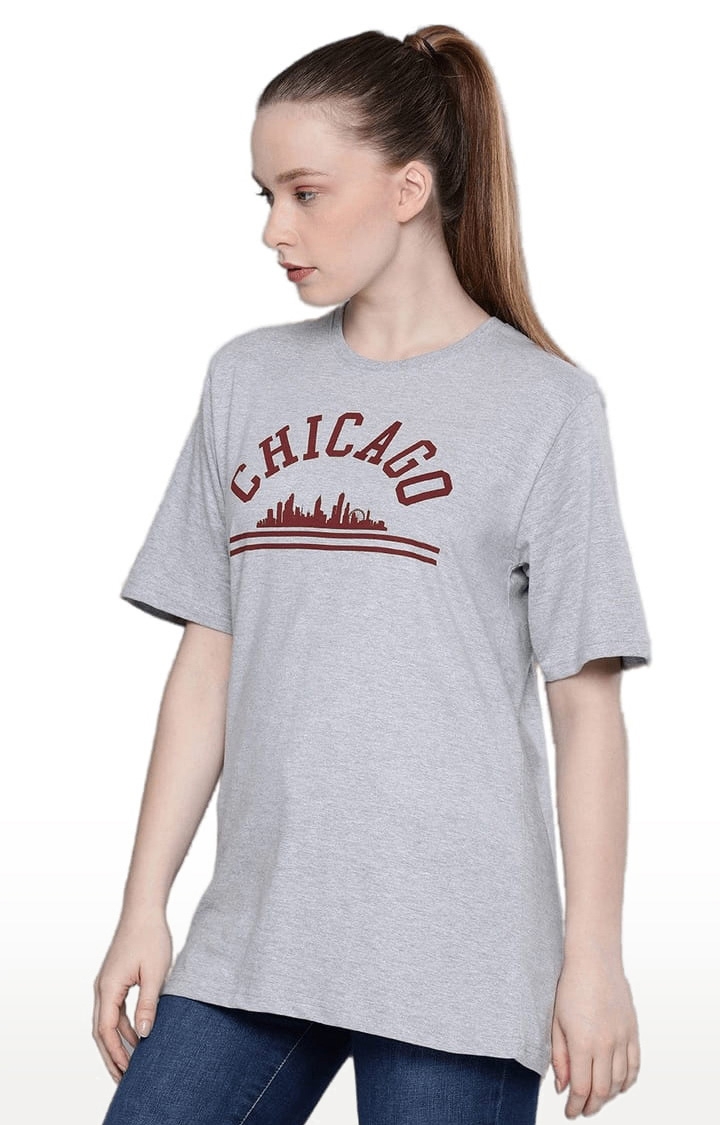 Women's Grey Cotton Typographic Printed Oversized T-Shirt