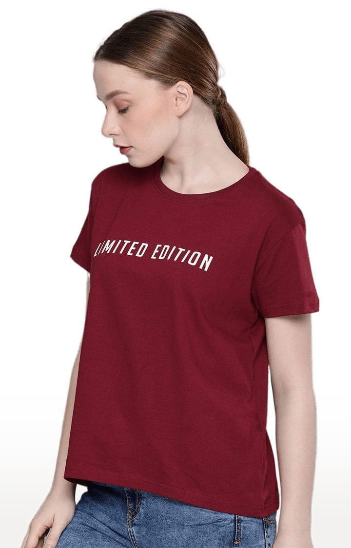 Women's Red Cotton Typographic Printed  T-Shirts