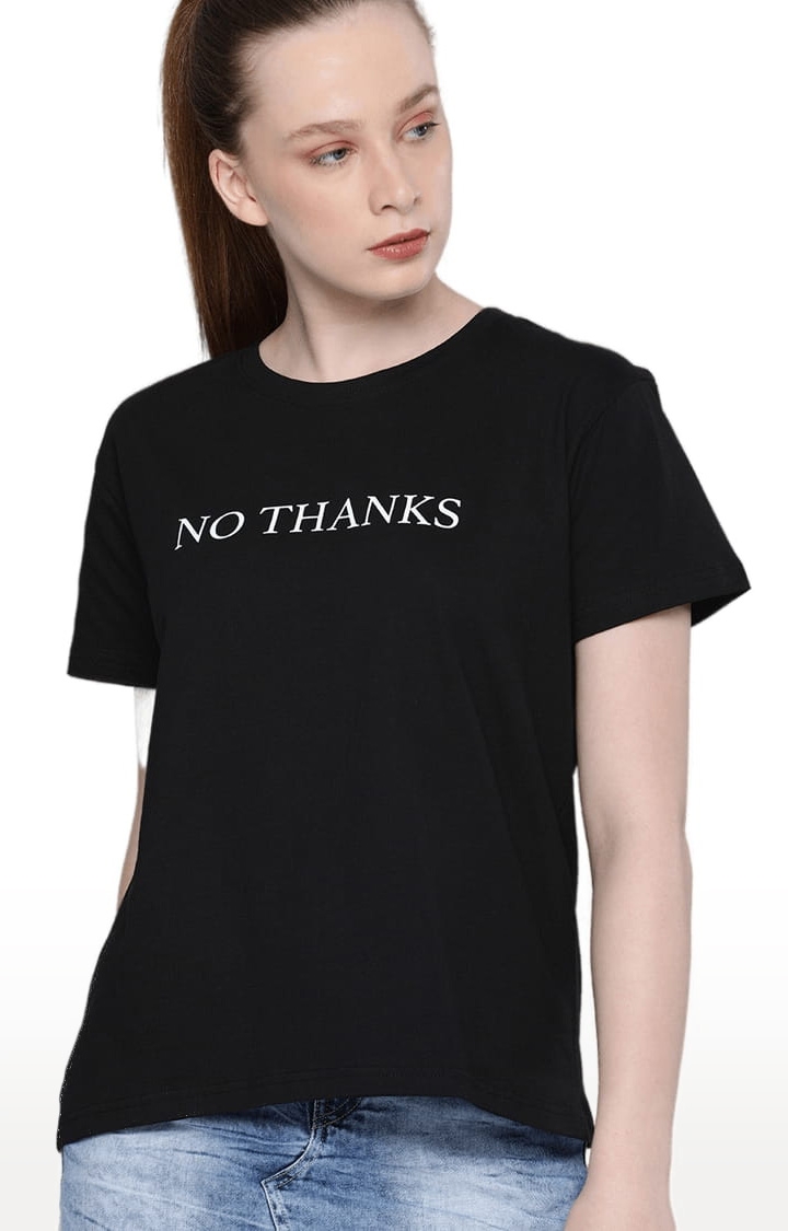 Women's Black Cotton Typographic Printed  T-Shirts