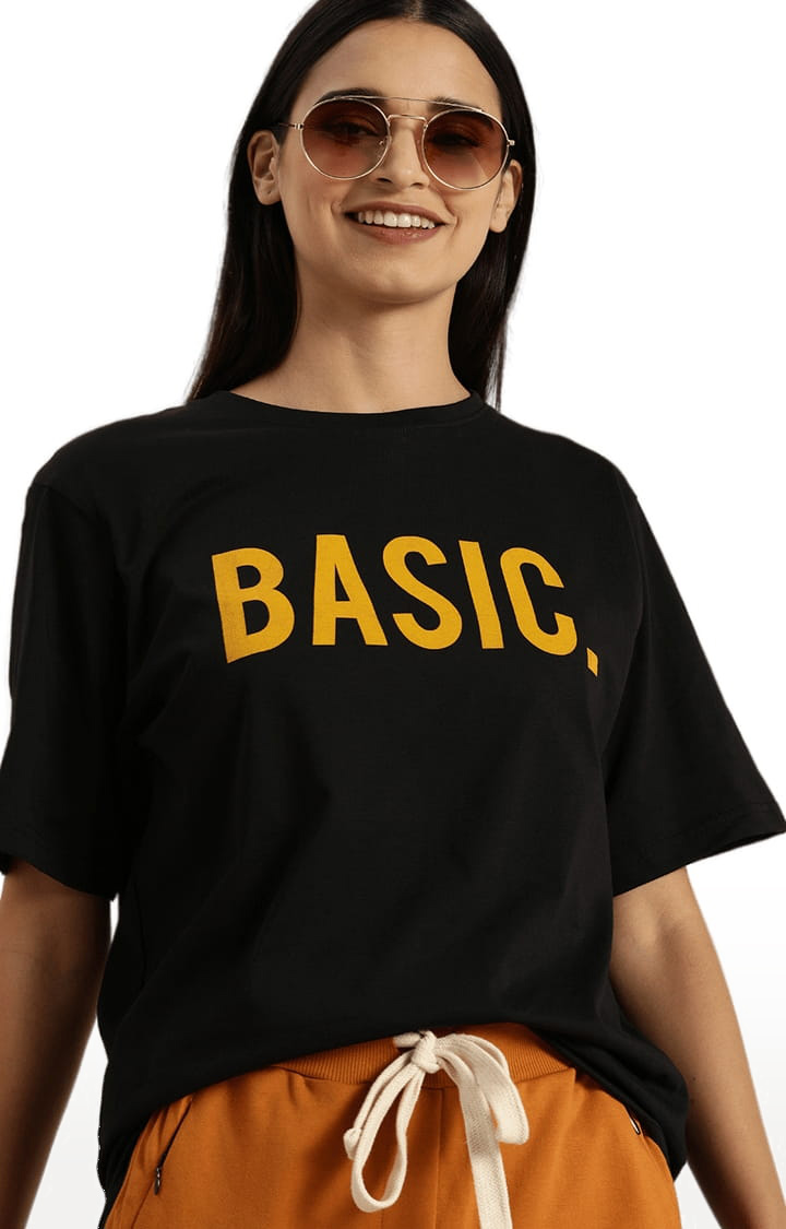 Women's Black Cotton Typographic Printed  T-Shirts