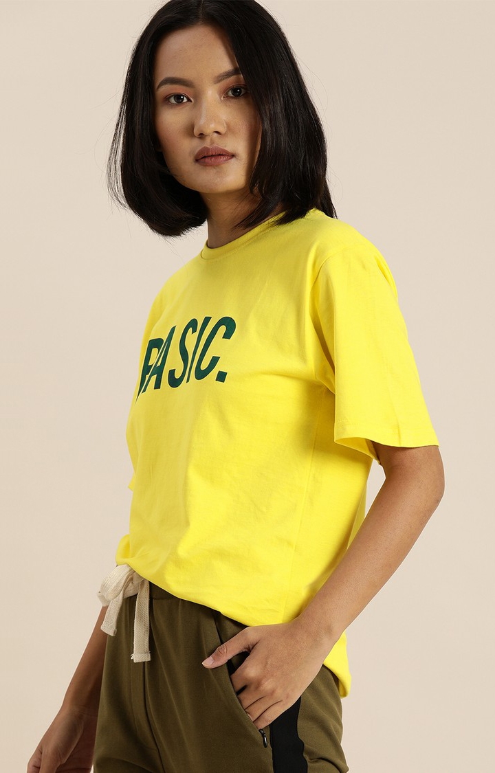 Women's Yellow Cotton Typographic Oversized T-Shirts