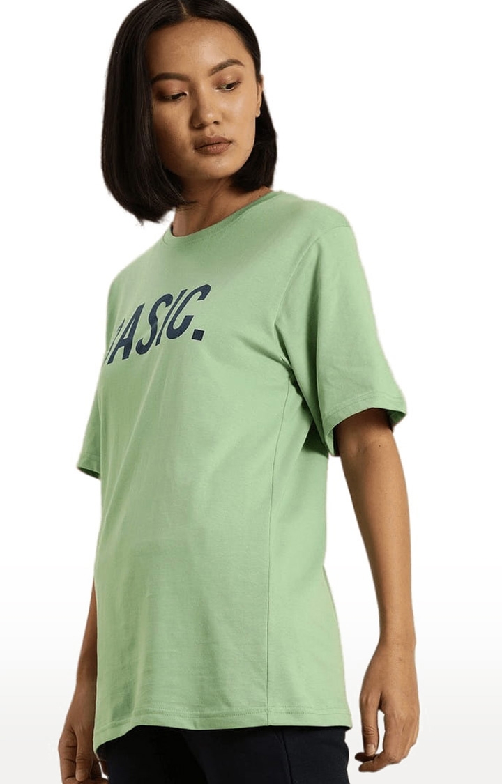 Women's Green Cotton Typographic Printed Oversized T-Shirt