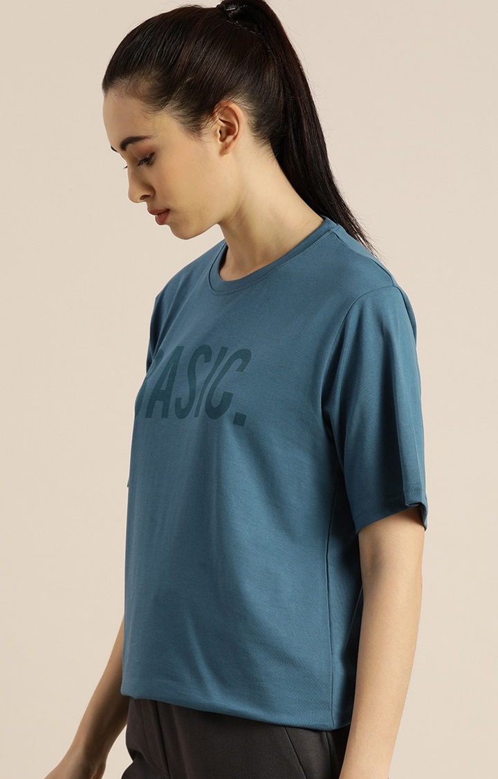 Women's Blue Cotton Typographic Printed Oversized T-Shirt