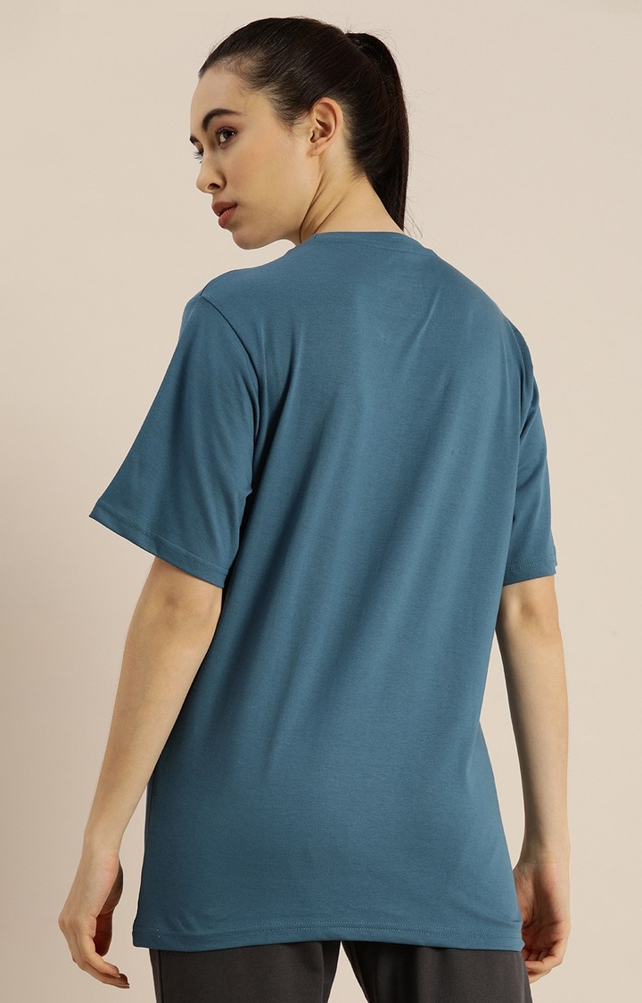 Women's Blue Cotton Typographic Printed Oversized T-Shirt