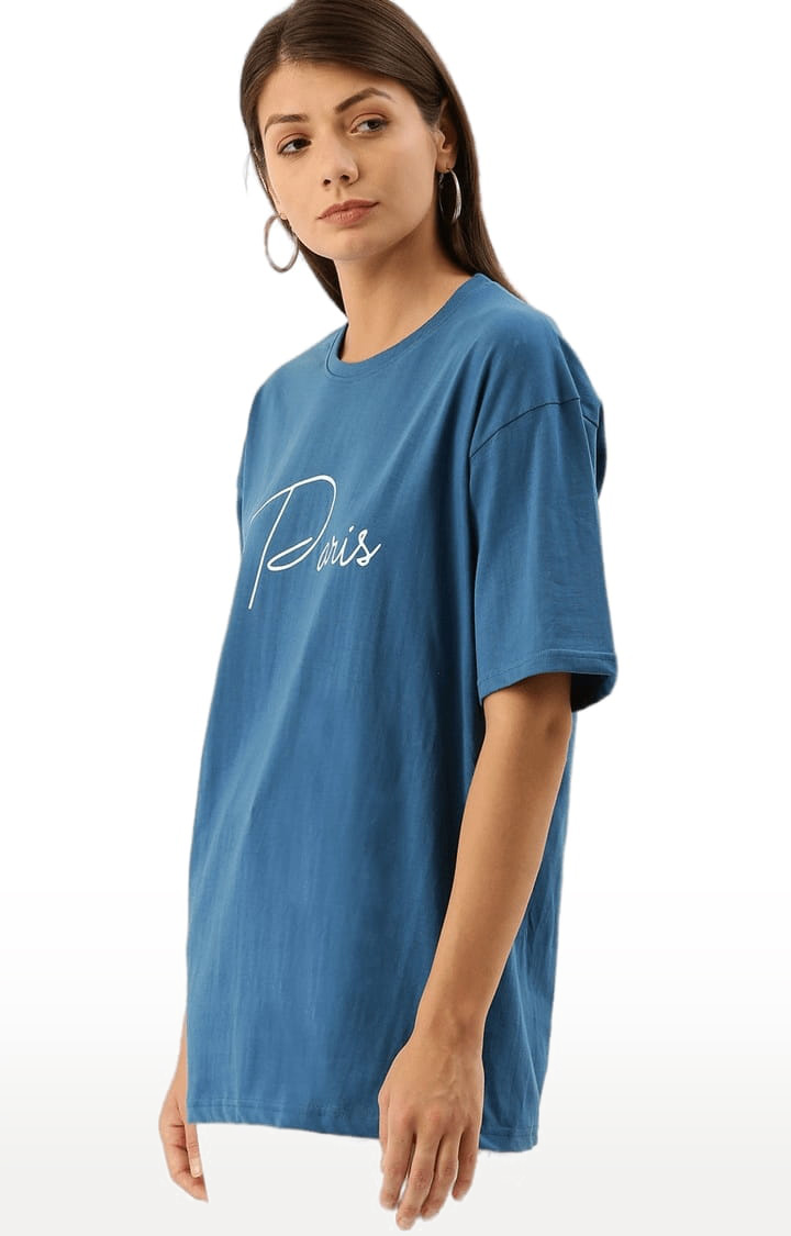 Women's Blue Cotton Typographic Printed  T-Shirts