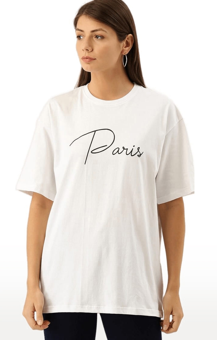 Women's White Cotton Typographic Printed Oversized T-Shirt