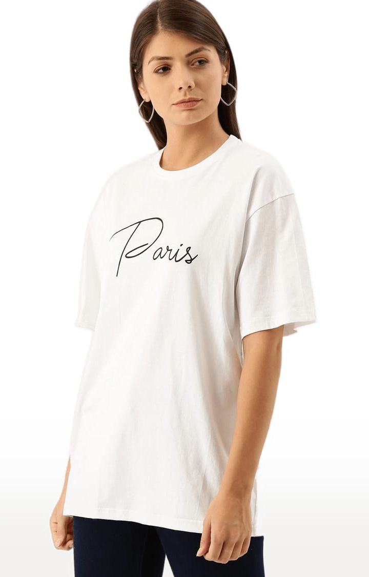 Women's White Cotton Typographic Printed Oversized T-Shirt