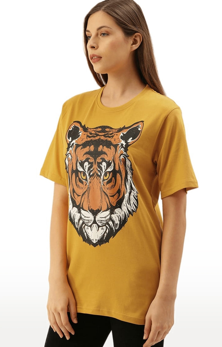Women's Yellow Cotton Graphics Oversized T-Shirt