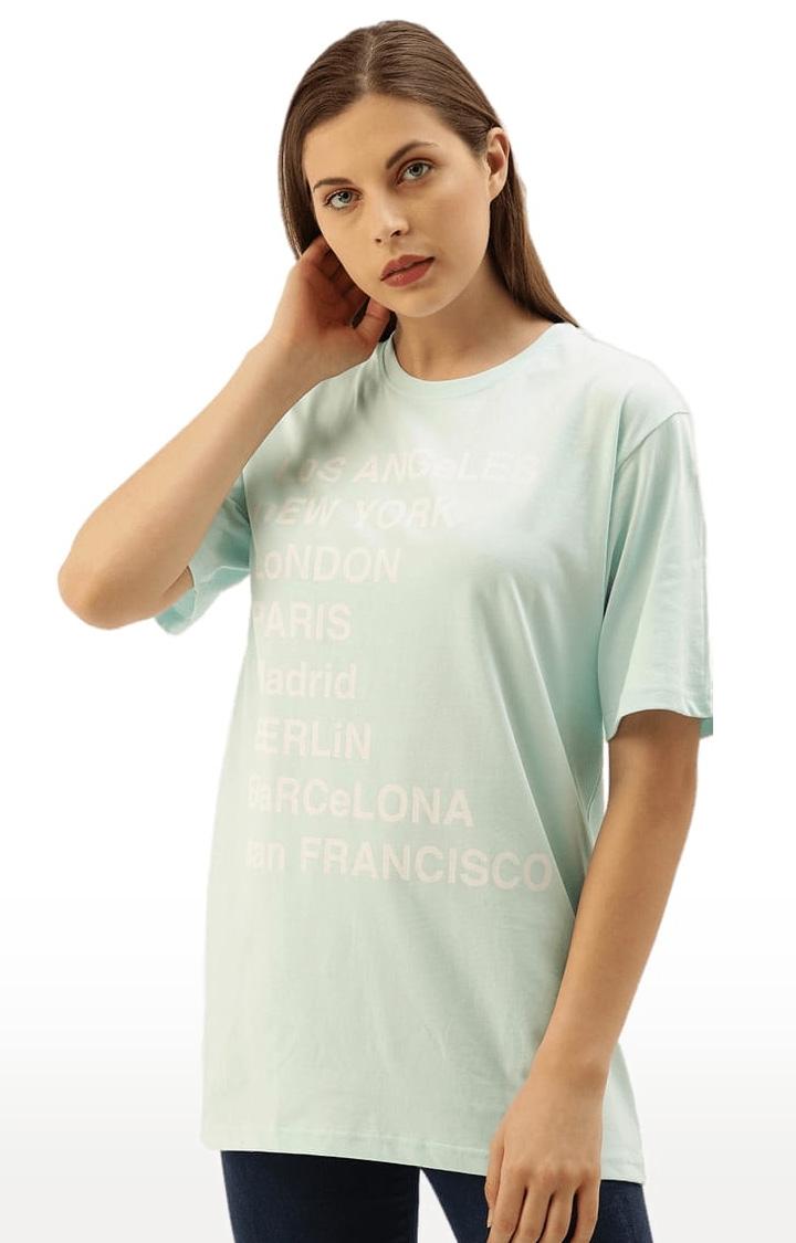 Women's Blue Cotton Typographic Printed  T-Shirts